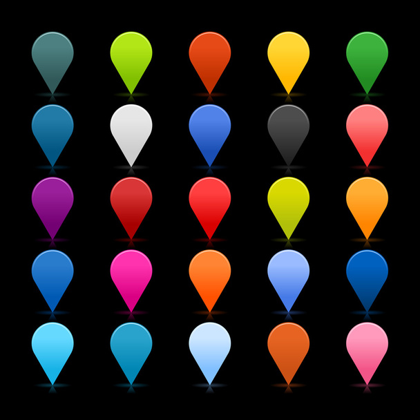 25 mapping pins icon web 2.0 buttons. Colored satined round shapes with reflection on black - Vector, afbeelding
