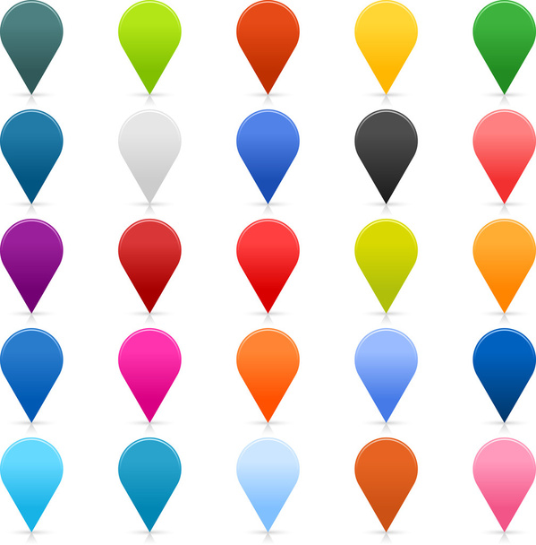 25 χαρτογράφηση καρφίτσες εικονίδιο web 2.0 κουμπιά. χρωματιστά σατινέ στρογγυλά σχήματα με σκιά σε λευκό - Διάνυσμα, εικόνα
