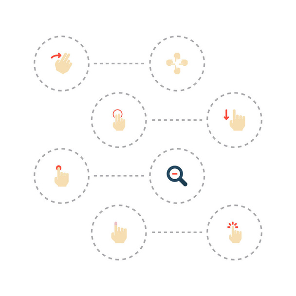 Set di icone di gesticolazione simboli in stile piatto con lente d'ingrandimento, tocco morbido, diapositiva e altre icone per il tuo design del logo dell'app mobile web
. - Foto, immagini