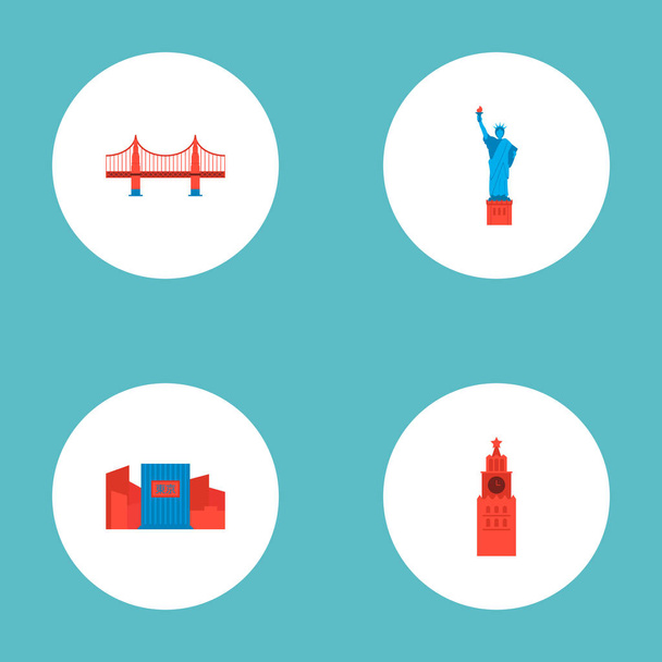 Set van monument icons platte stijl symbolen met Golden Gate, Shibuya, Vrijheidsbeeld en andere pictogrammen voor uw web mobiele app logo ontwerp. - Vector, afbeelding