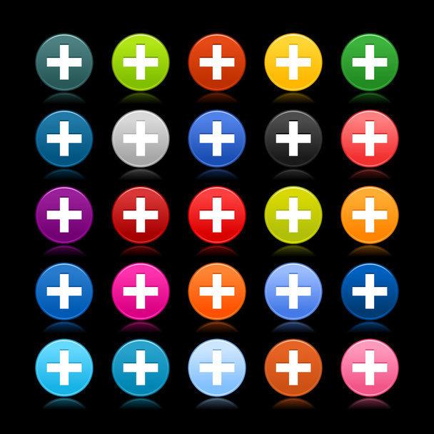 25 satined web 2.0 tlačítko se znaménkem plus. barevný kruhový tvar s odrazem na černém pozadí - Vektor, obrázek
