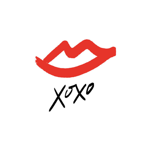 Hand drawn red lipstick kiss symbol, hugs and kisses text. Vector illustration - Vetor, Imagem