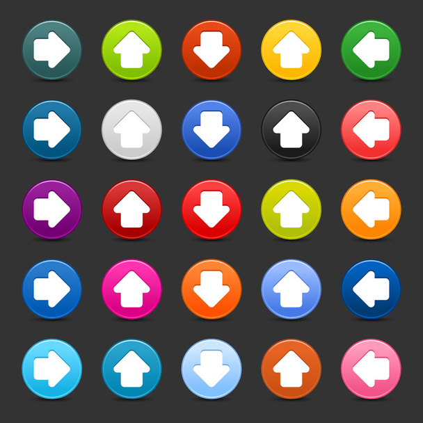 25 gematteerde web 2.0 knop met pijl teken. kleurrijke ronde vormen met schaduw op grijze achtergrond - Vector, afbeelding