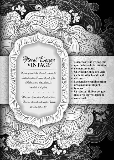 Monochrome Floral Template. Dark Vintage Layout, Corporate Greeting Card, Invitation, Cover. Beautiful Flowers, Leaves and Swirls. Coloring Book Page. Vector Contour 3d Illustration. Editable - Vektör, Görsel