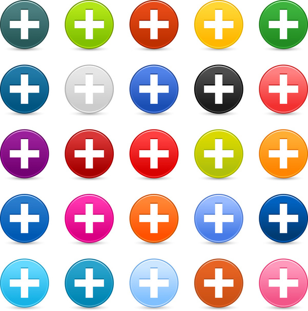 25 satinado botón web 2.0 con signo más. Formas redondas coloridas con sombra sobre fondo blanco
 - Vector, imagen