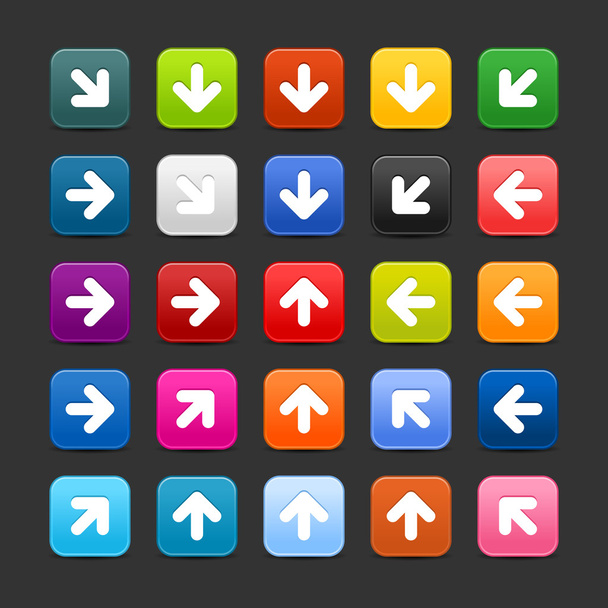 25 smooth satined web 2.0 button with arrow sign. Colorful rounded square shapes with shadow on gray background - Vektor, kép