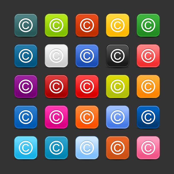 25 glad gematteerde web 2.0 knop met copyright-teken. kleurrijke afgeronde vierkante vormen met schaduw op grijze achtergrond - Vector, afbeelding
