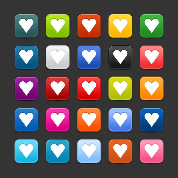 25 smooth satined web 2.0 button with heart sign. Colorful rounded square shapes with shadow on gray background - Vektor, kép
