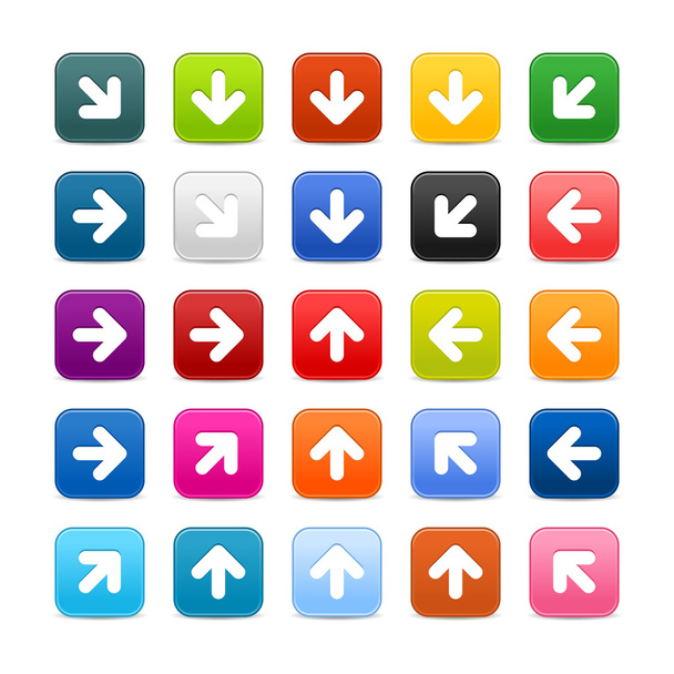 25 smooth satined web 2.0 button with arrow sign on white background. Colored rounded square shapes with shadow - Vektor, Bild