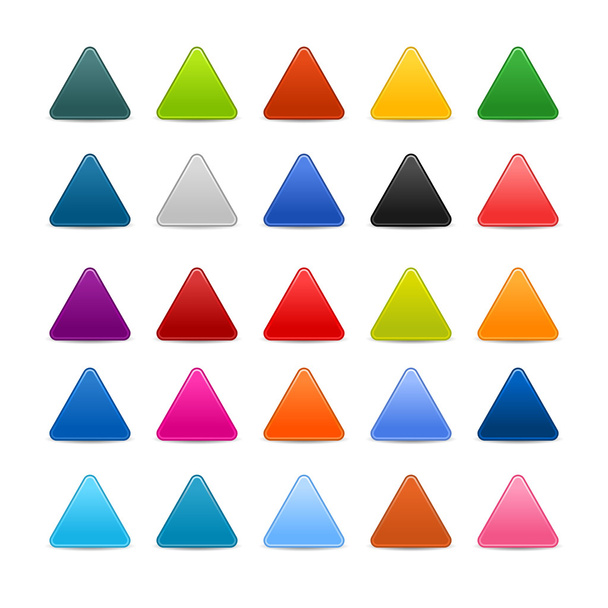 25 colored blank triangle web 2.0 button. Smooth satined shapes with shadow on white background - Vector, Image
