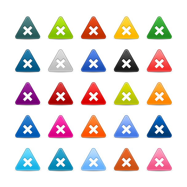 25 driehoekige web knoppen met verwijderen teken. gekleurde satijn glad pictogram met schaduw op witte - Vector, afbeelding