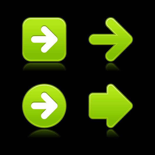 4 緑の web 2.0 のボタン矢印記号。サテン滑らかな黒の背景に反射と図形. - ベクター画像