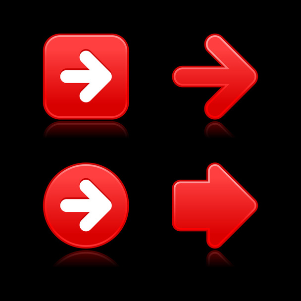 4 rode web 2.0 knop pijl teken. soepele satijn vormen met reflectie op zwarte achtergrond. - Vector, afbeelding