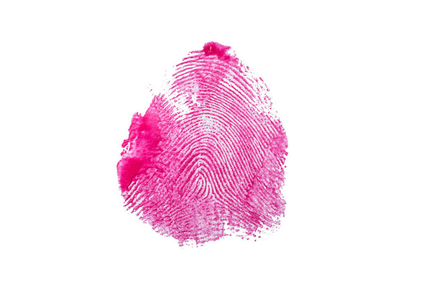 Fingerprint texture in pink paint on white isolated background. Horizontal frame - Photo, Image