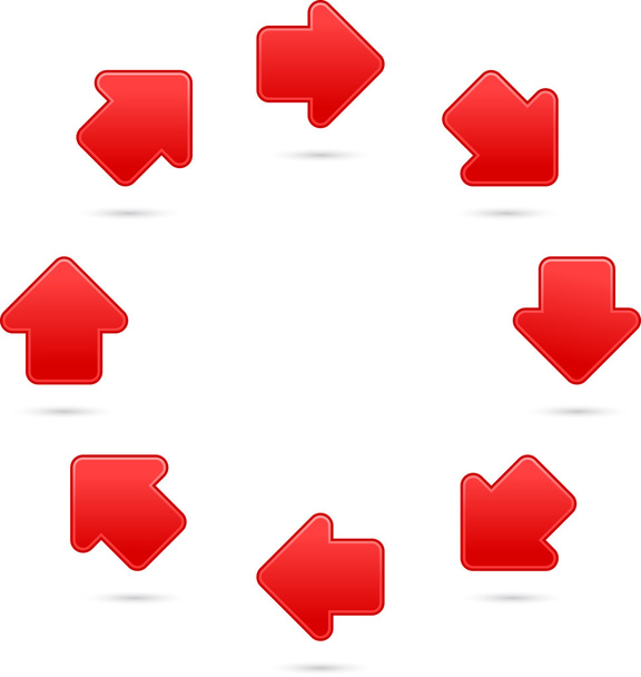 赤いサテンの矢印記号の web 2.0 のボタン。白い背景の上の影付きサテンのカラフルな図形 - ベクター画像