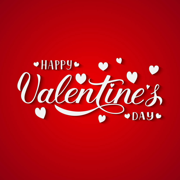 Valentines day greeting card. Happy Valentines Day hand lettering with hearts on red background. Easy to edit vector template for invitations, flyers, banners, posters etc - Vecteur, image