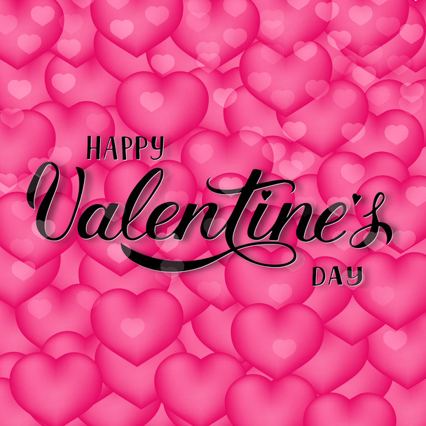 Happy Valentines Day calligraphy hand lettering on pink background with 3d flying hearts. Valentines  day greeting card. Easy to edit vector template for flyer, banner, party invitation - Vektor, Bild