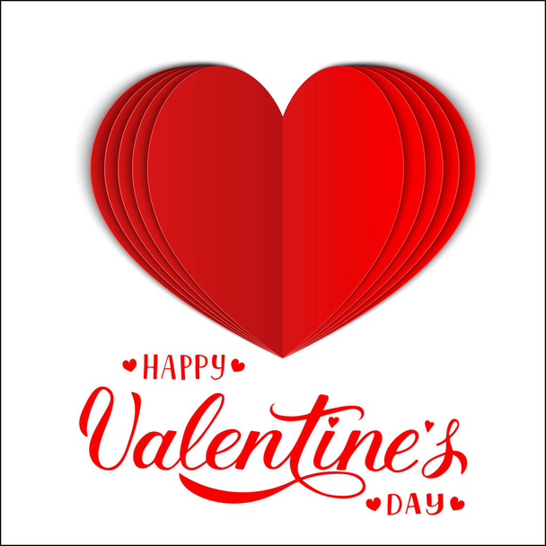 Valentines day greeting card with calligraphy hand lettering and  red paper heart. Realistic 3d folded heart. Symbol of love.  Vector illustration.  Easy to edit template for your design projects - Vector, afbeelding