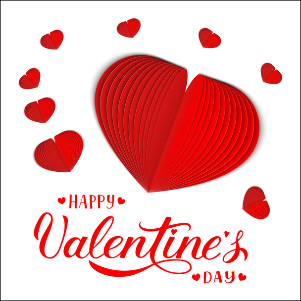 Valentines day greeting card with calligraphy hand lettering and  red paper heart. Realistic 3d folded heart. Symbol of love.  Vector illustration.  Easy to edit template for your design projects - ベクター画像
