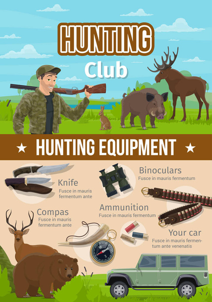 Αθλητισμός εξοπλισμός κυνηγιού, κυνηγός και πυρομαχικά - Διάνυσμα, εικόνα
