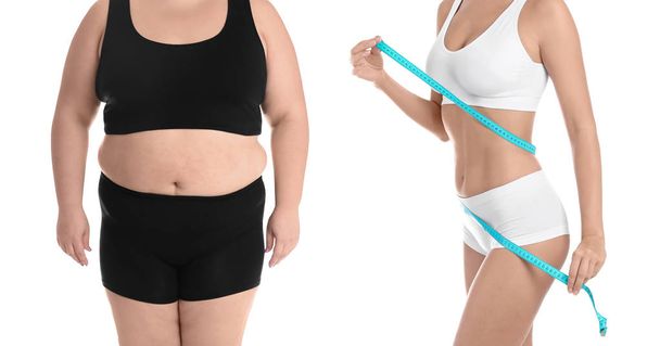 Young woman before and after weight loss on white background, closeup - 写真・画像