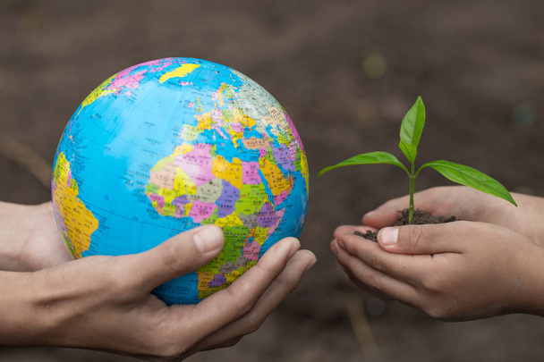 Ενήλικες, κρατώντας το χέρι μια σφαίρα και το παιδί κρατώντας ένα μικρό δενδρύλλιο, εργοστάσιο ένα δέντρο, να μειώσει την υπερθέρμανση του πλανήτη, παγκόσμια ημέρα περιβάλλοντος - Φωτογραφία, εικόνα