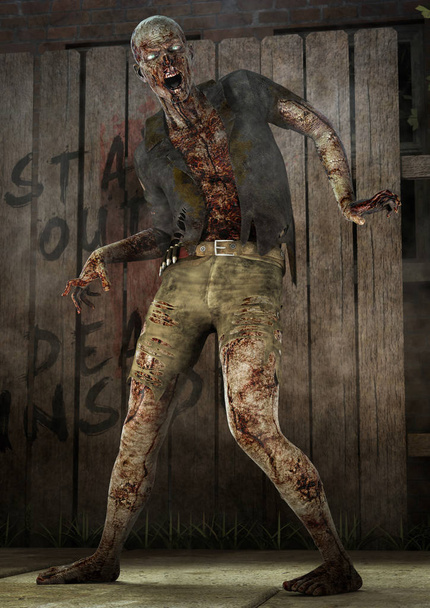A full body portrait of a rotten zombie with a fence behind him.  - Photo, Image