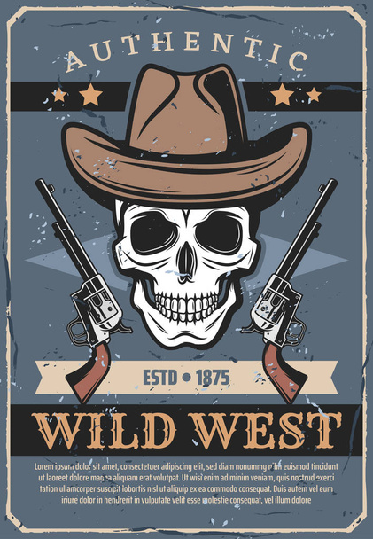 Wild West, vector skull in hat and revolver - Вектор, зображення