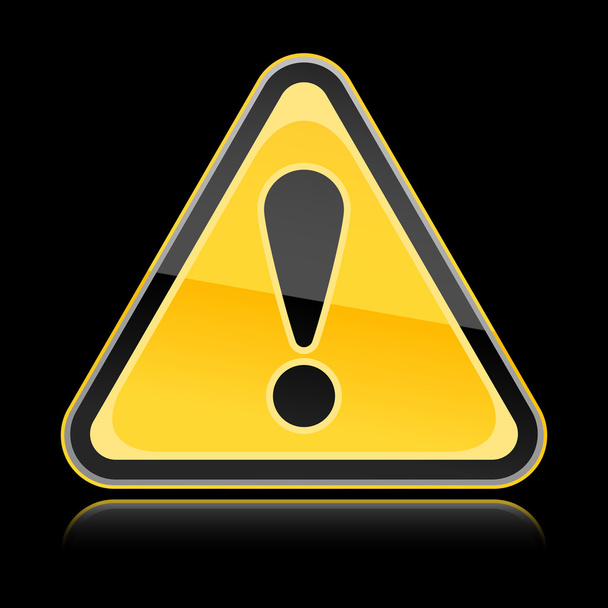 glanzende waarschuwingsbord met uitroepteken symbool op zwarte achtergrond - Vector, afbeelding