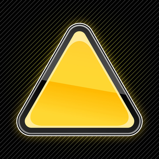 Glossy blank yellow warning sign with glow on black striped background - Vector, Image
