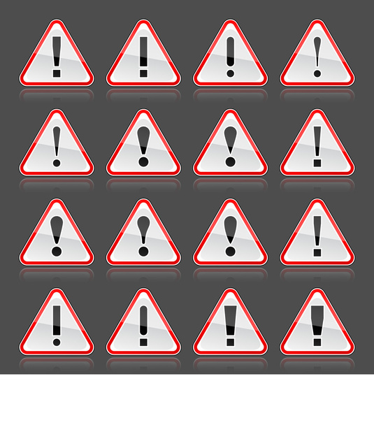 Красный предупреждающий знак с восклицательным знаком. Закругленная треугольная форма с отражением цвета на сером фоне. 10 eps
 - Вектор,изображение