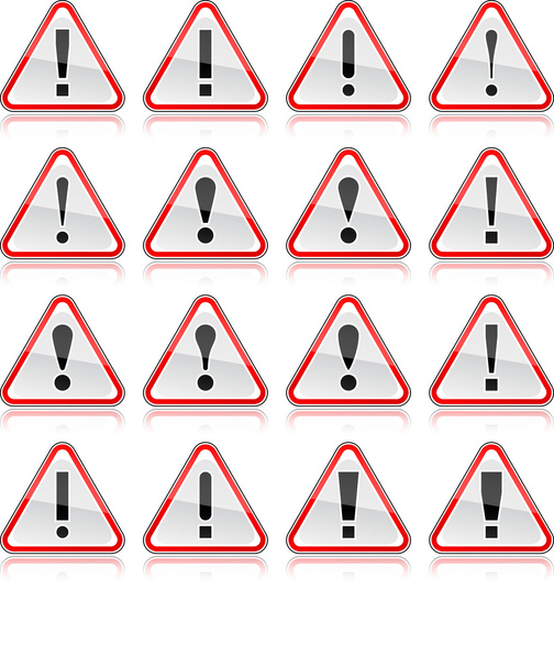 Aviso vermelho sinal de atenção com ponto de exclamação. Forma de triângulo arredondado com reflexão de cor no fundo branco. 10 eps
 - Vetor, Imagem