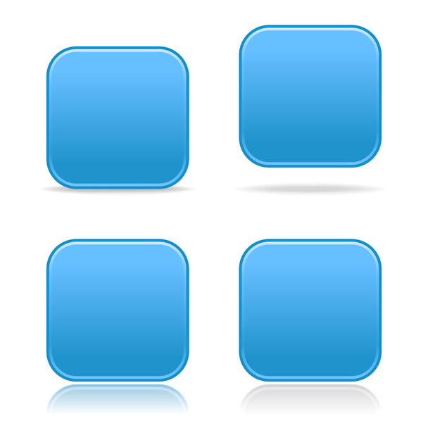 4 つや消しの白い背景の上の影付きの青いサテン空白丸みを帯びた正方形ボタン - ベクター画像