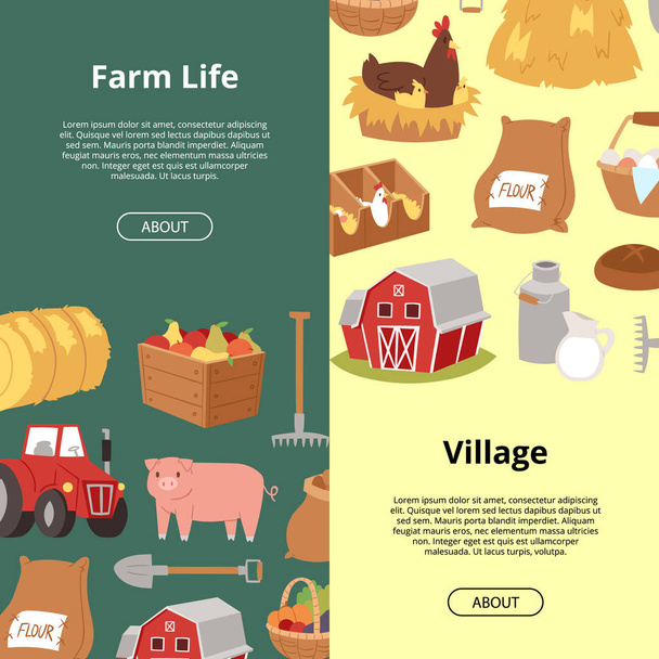Farm life and village. Organic farming and agribusiness banners with cartoon farm equipment, food and animals vector illustration. Tractor, sacks with potato, boxes with fruits, jar with milk. - Διάνυσμα, εικόνα