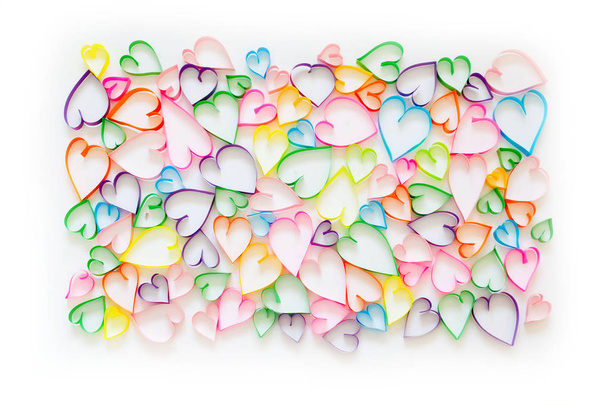Colorful hearts on white background. Postcard with hearts. - Foto, Imagem