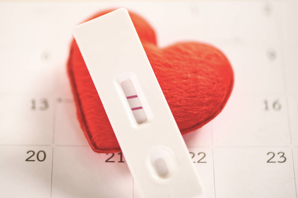 Těhotenské testy těhotná žena koncept / pozitivní výsledek dva řádky plánování dítěte mateřství a zdravotní péči a červené srdce na pozadí kalendáře  - Fotografie, Obrázek