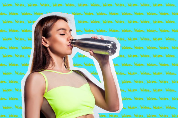 young woman in sportswear drinks water on a blue-yellow background in the style of light-music and elements of a collage. Sports concept on the theme of comics and contemporary art collage. - Fotó, kép