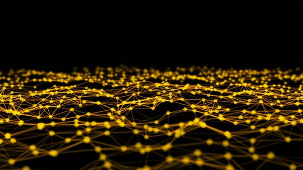 Datos digitales dorados de la computadora y líneas y esferas triangulares de la conexión de la red en el concepto futurista de la tecnología en el fondo negro, ilustración abstracta 3d
 - Foto, imagen