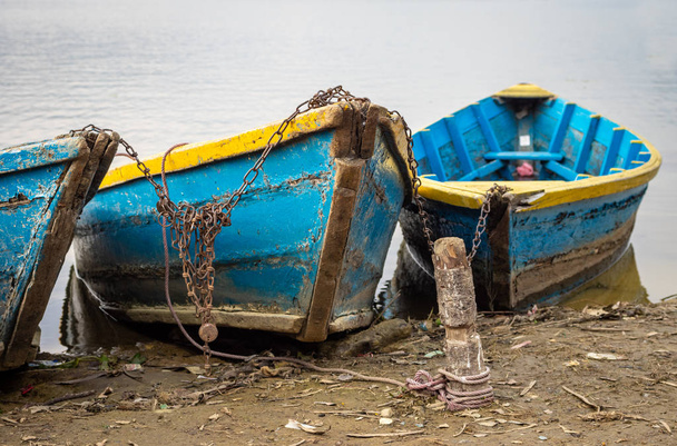 Alcune barche a remi incatenate ad un palo sulla riva di un lago
. - Foto, immagini