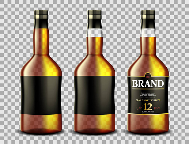 Σετ ουίσκι, ρούμι, μπέρμπον ή κονιάκ γυάλινο μπουκάλι με αλκοόλ και χωρίς. Διαφανή μπουκάλια ποτό σε ένα ρεαλιστικό ύφος. Διάνυσμα 3d απεικόνιση - Διάνυσμα, εικόνα