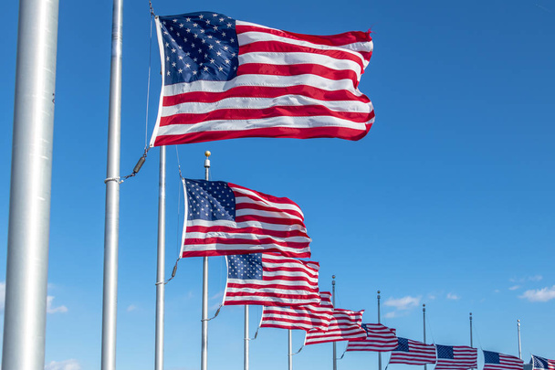 Nombreux drapeaux américains agitant au Washington Monument - Washington
,  - Photo, image
