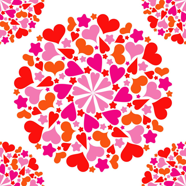 Seamless pattern with decorative hearts and stars. Mandala. Sacred image. Valentine's day. Vector illustration. Can be used for wallpaper, textile, invitation card, web page background. - Vector, Image