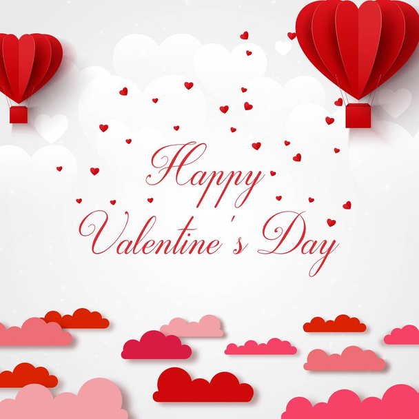 Feliz Dia dos Namorados cartão de felicitações com papel realista cortar a forma do coração voando balão de ar quente com nuvem rosa e vermelha no fundo branco
 - Vetor, Imagem