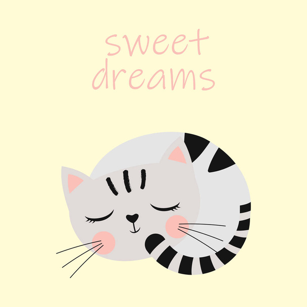 sweet sleeping cat on beige background, cute cartoon kitty and lettering sweet dreams, card for design prints - ベクター画像