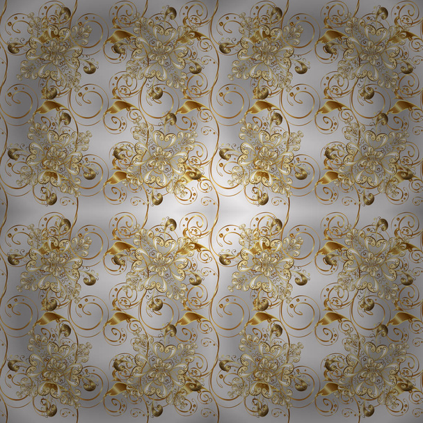 Ozdobný zlatý obraz. Vektor zlatý vegetabilní ornament brokát textil a sklo vzor. Žlutý kov s květinovým vzorem. Neutrální, šedé a béžové barvy se zlatými prvky. - Vektor, obrázek