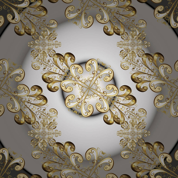 Floral ornament brocade textile pattern, glass, metal with floral pattern on gray and white colors with golden elements. Classic vector golden seamless pattern. - Vector, Image