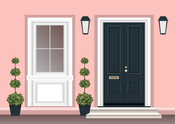 House door front with doorstep and steps porch, window, lamp, flowers in pot, building entry facade, exterior entrance design illustration vector flat style - Vector, Image