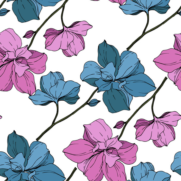 Vector orquídeas azules y púrpuras aisladas en blanco. Patrón de fondo sin costuras. Textura de impresión de papel pintado de tela
. - Vector, Imagen