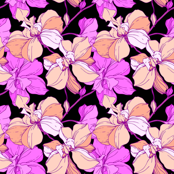 Vector pink and purple orchids isolated on black. Seamless background pattern. Fabric wallpaper print texture. - Vector, Image