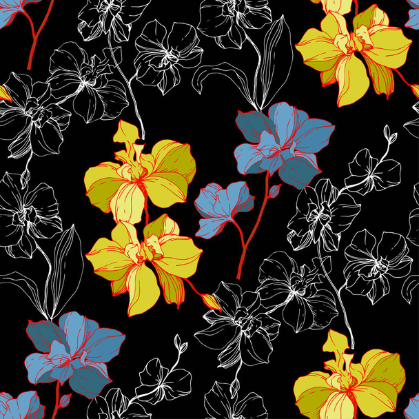 Vector blue and yellow orchids isolated on black. Seamless background pattern. Fabric wallpaper print texture. - Vector, Image